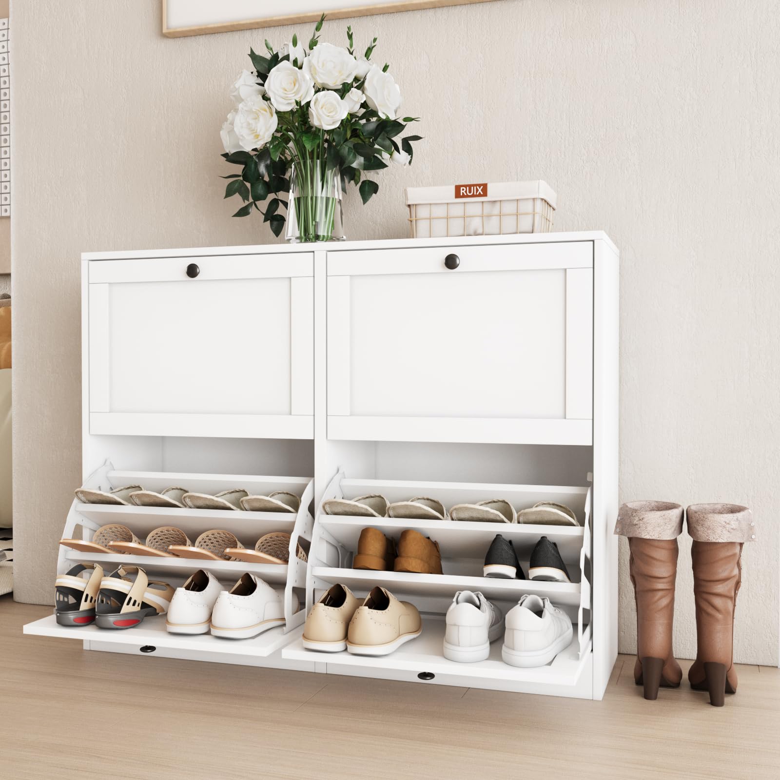 VOWNER Zapatero 4 Puertas, Zapatero Estrecho, Zapatero Entrada Recibidor, 105 x 30 x 80 cm (Largo x Ancho x Alto), Zapatero Madera, para Entrada Estrecha, Pasillo (Blanco)