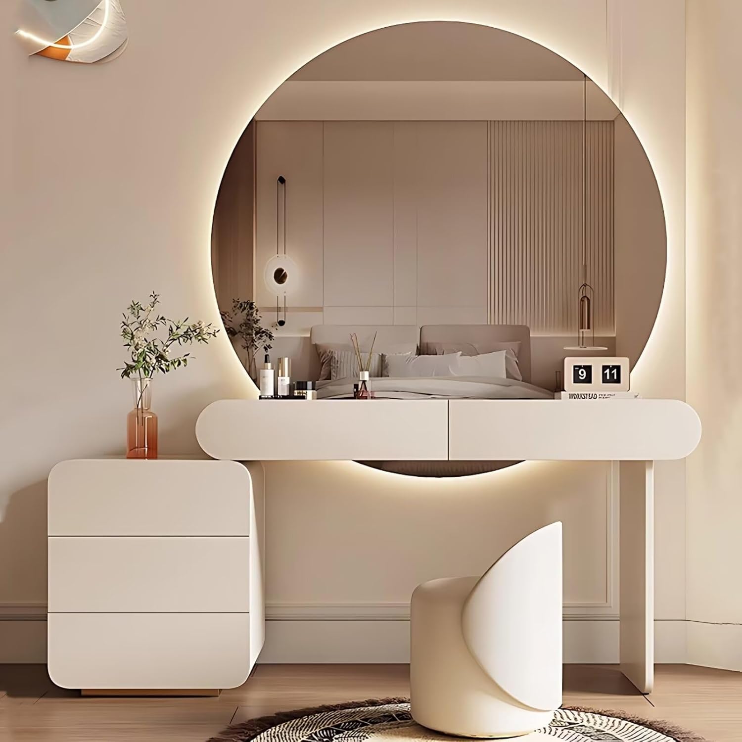 Large Round LED Light Mirror Makeup Vanity - Baking Paint Vanity Desk with 5 Drawers, Modern Solid Wood Dressing Table Include Makeup Stool for Bedroom & Living Room (White,47.24'')