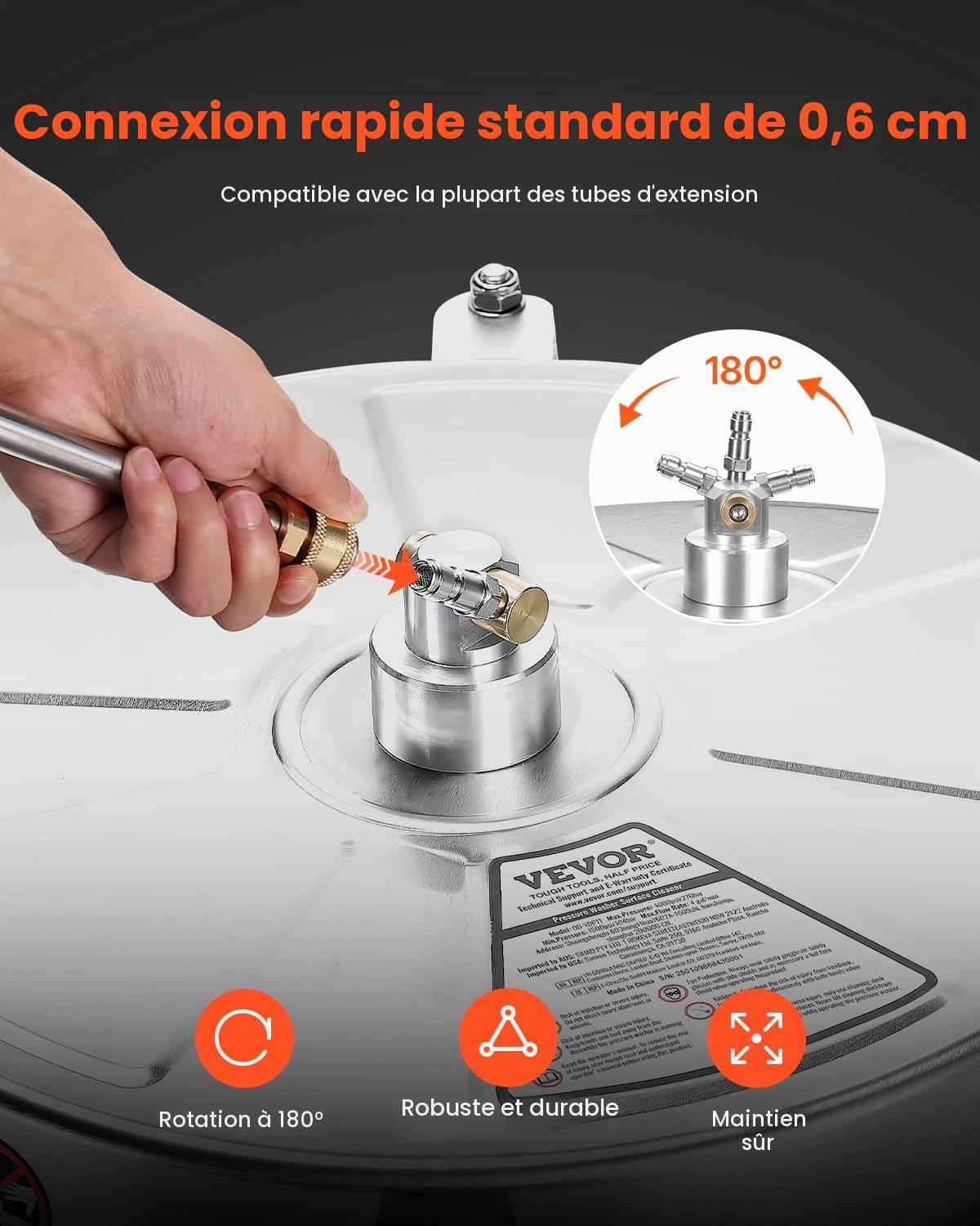 VEVOR Nettoyeur de Surface pour Nettoyeur Haute Pression 465 mm, Accessoire Nettoyeur Sol en Acier INOX sur Roues, 275 Bar Max. connecteur 0,635 cm 2 Buses pulvérisation 2 tiges Extension, pour béton