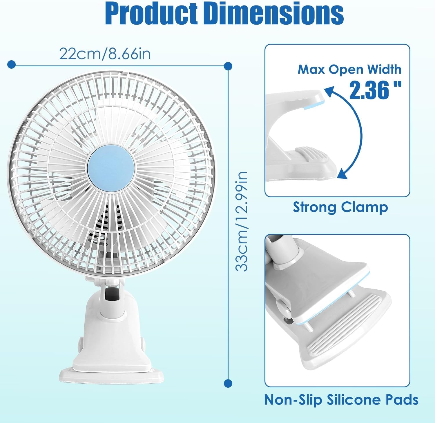 Oscillating Clip On Fan, 9 Inch 2 Speeds Quiet Clamp Fan with 90° Oscillating & Tilting Angle Desktop Wall Mount for Home Office Dorms Strollers with 4FT Cord (BlueWhite)