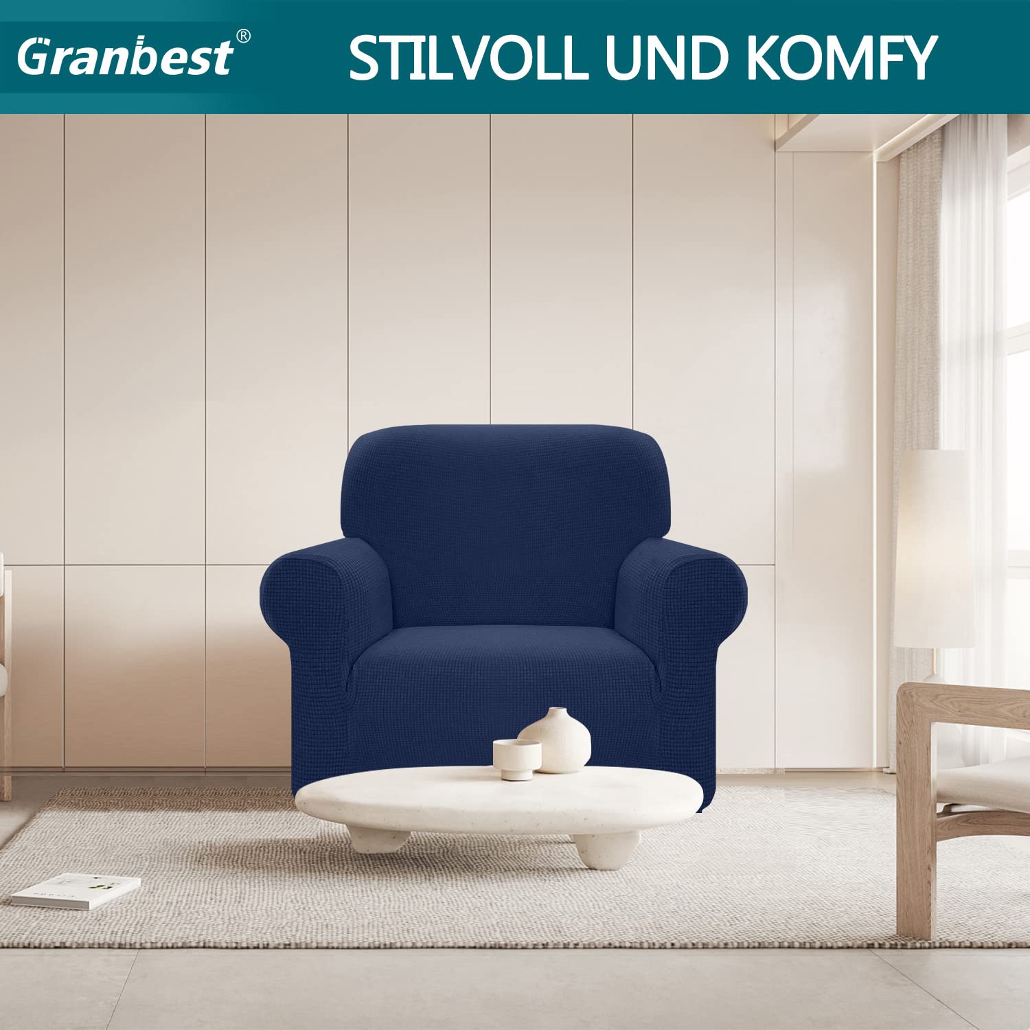 Granbest Copridivano elasticizzato, impermeabile, 1 pezzo, in spandex, jacquard, con gommapiuma antiscivolo (1 posto, blu scuro)