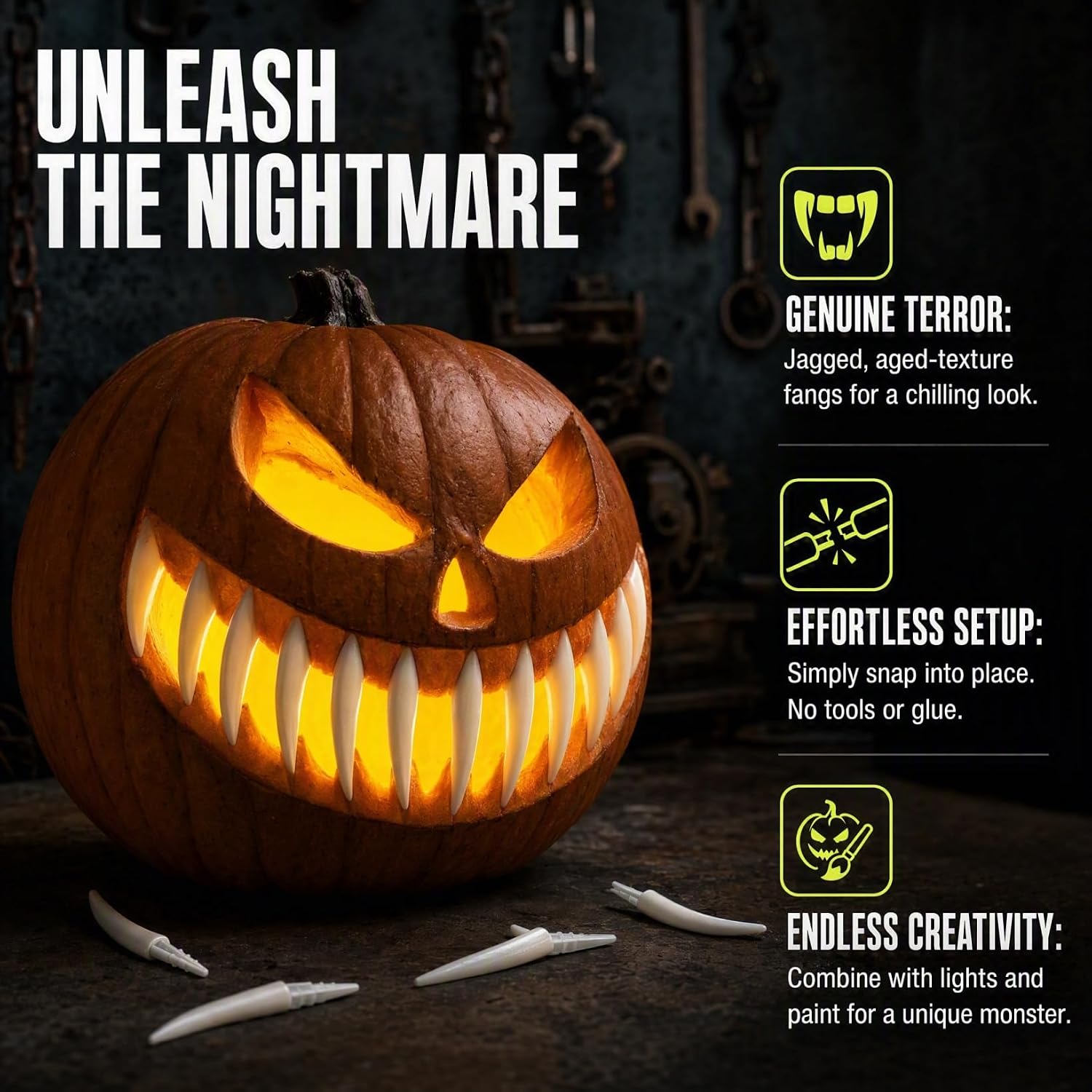 IMIKEYA 24 Pack Halloween Pumpkin Teeth, Jack O Lantern Fangs
