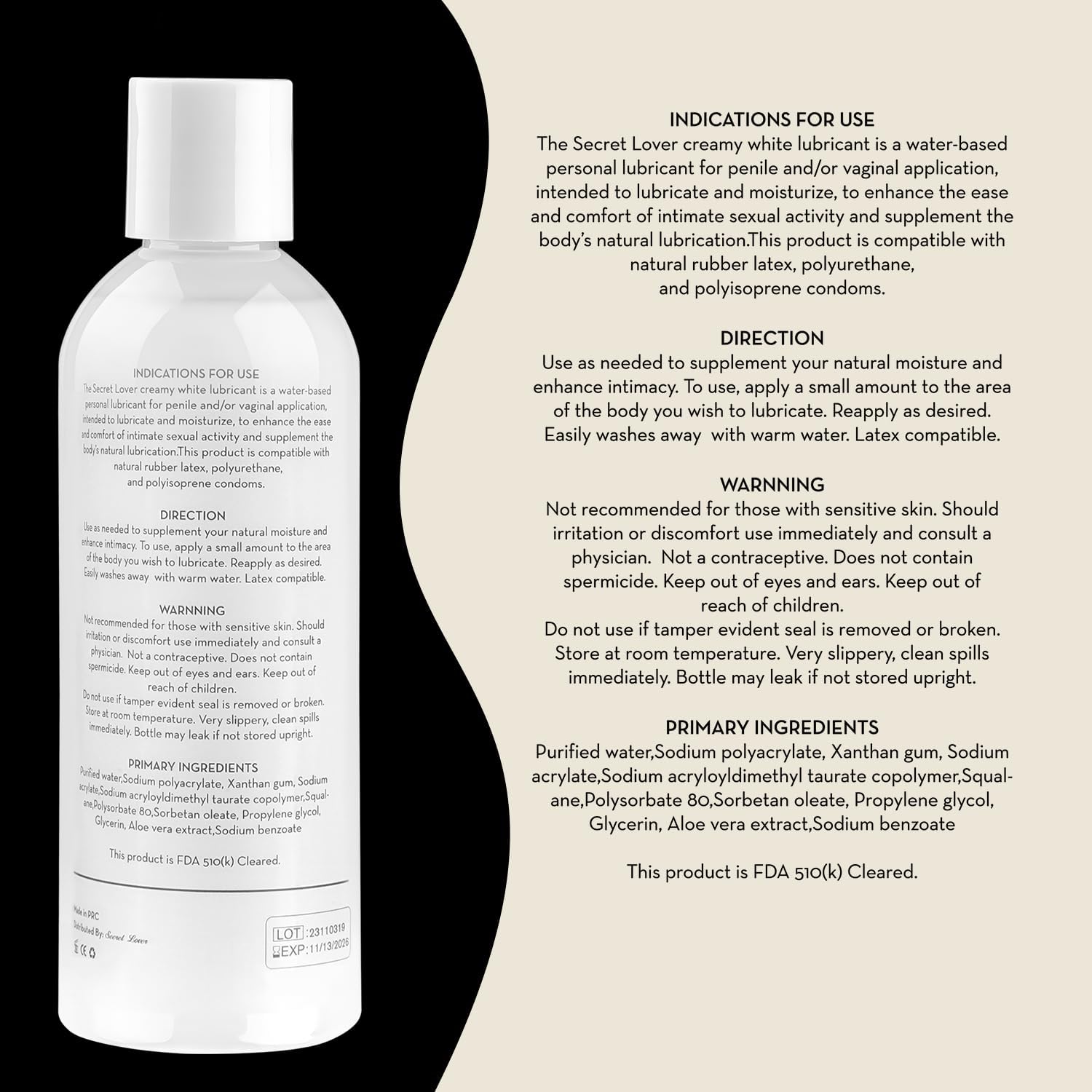 Secret Lover Water-Based Cum Lube Synthetic Semen, Smooth Long-Lasting Thick Creamy Personal Lubricant for Women Men, Natural Ingredients Anal Comfort Lubricants for Privacy, 8 Fl Oz