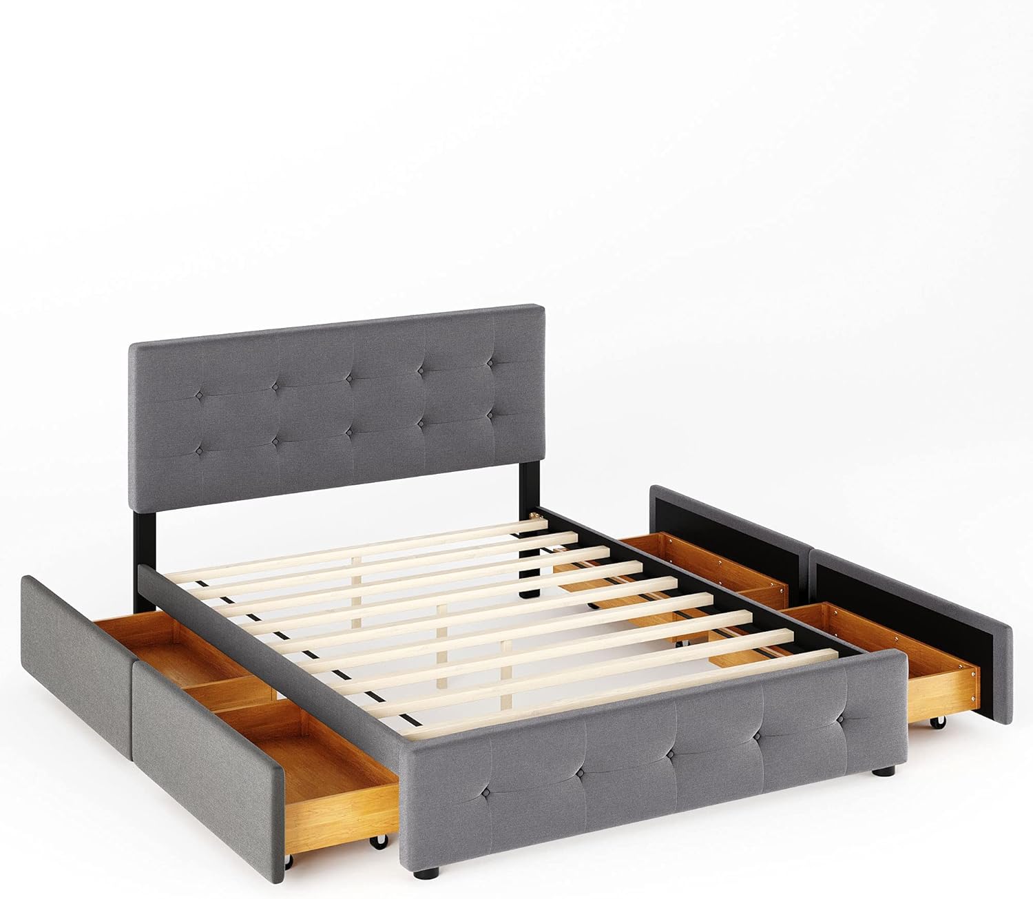 Upholstered Platform Bed, Queen Size Button Tufted Platform Bed Frame with 4 Drawers and Headboard,Wood Slat Support, No Box Spring Needed (Light Gray+Drawers)