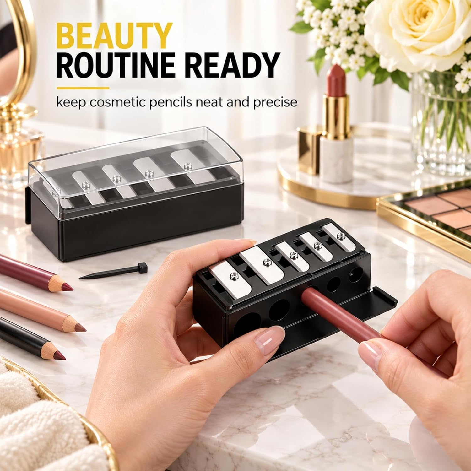 2 Pcs Eyeliner Pencil Sharpener,5 Hole Makeup Pencil Sharpener Cosmetic Tool Multiple Sizes Eyeliner and Lip Liner Sharpener Liner Highlighter and Contouring Pen