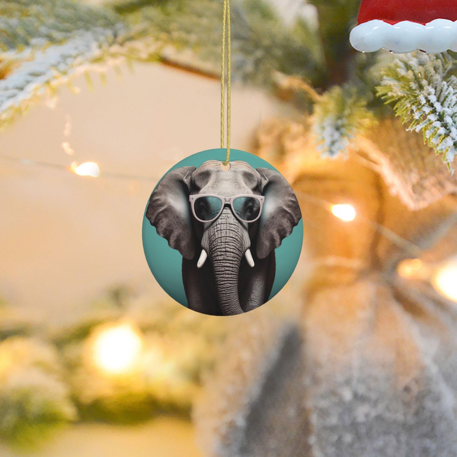 Christmas Tree Ornaments Ceramics Christmas Round Decorations Elephant with Glasses Ceramics Ornaments Circle Pentagram Xmas Tree Hanging Pendant for Christmas Tree Party Holiday Home Decor