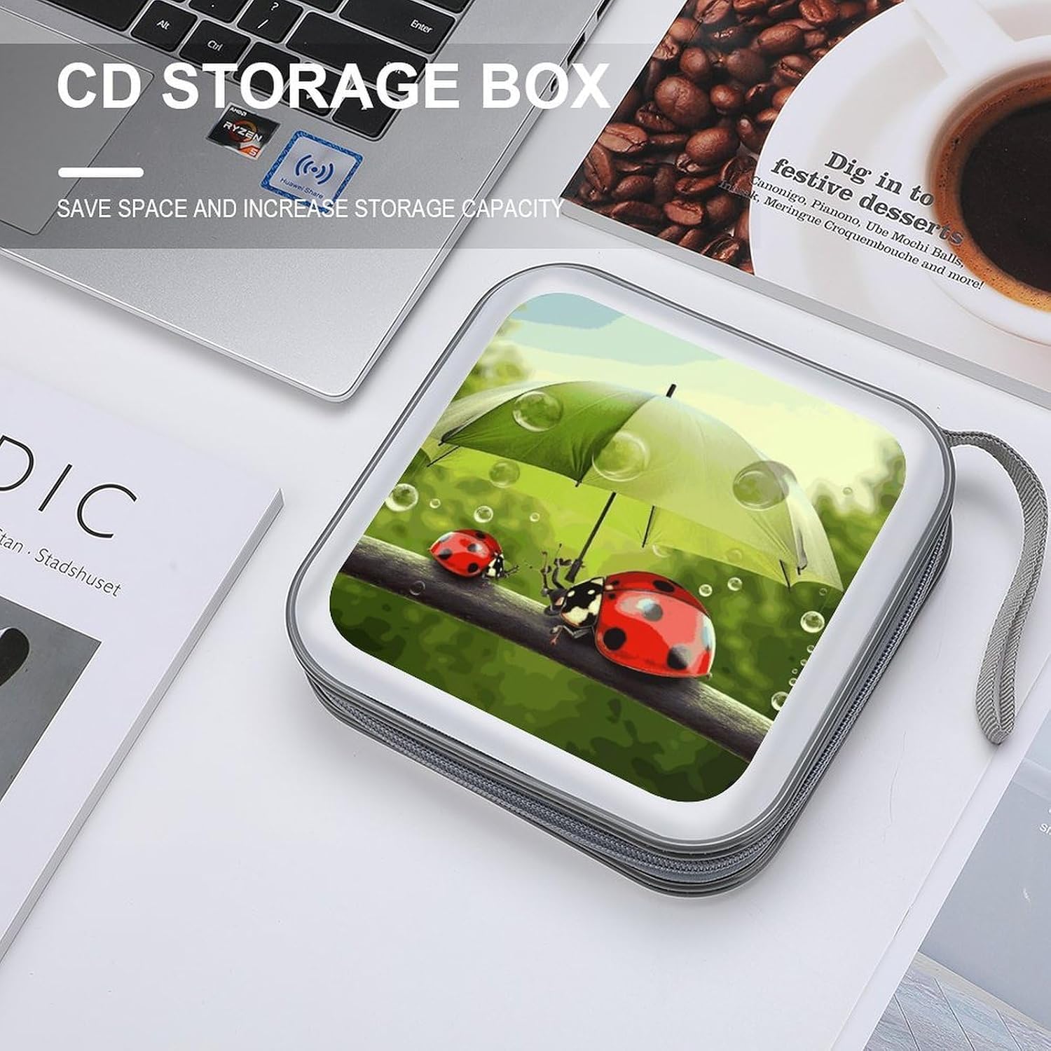 Funny Ladybug Holding Umbrellas CD Case CD Storage Box DVD Sleeves