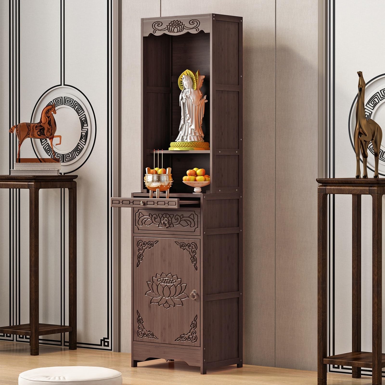 JNTFNE Meditation Table with Storage, Bamboo Buddhist Altar Cabinet, Personal Shrine Table, Chinese Pooja Prayer for Living Room, Bedroom, Office(43cm/16.9in)