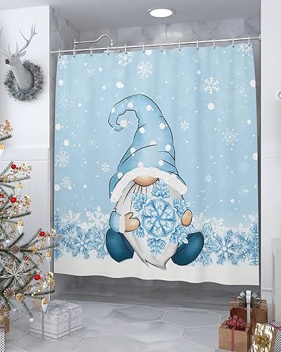 Miniatura 3 de Cortina de ducha de gnomos de Navidad azules, vacaciones de invierno, copos de nieve blanco, azul, impermeable, lavable, bohemio, lindo, divertido,