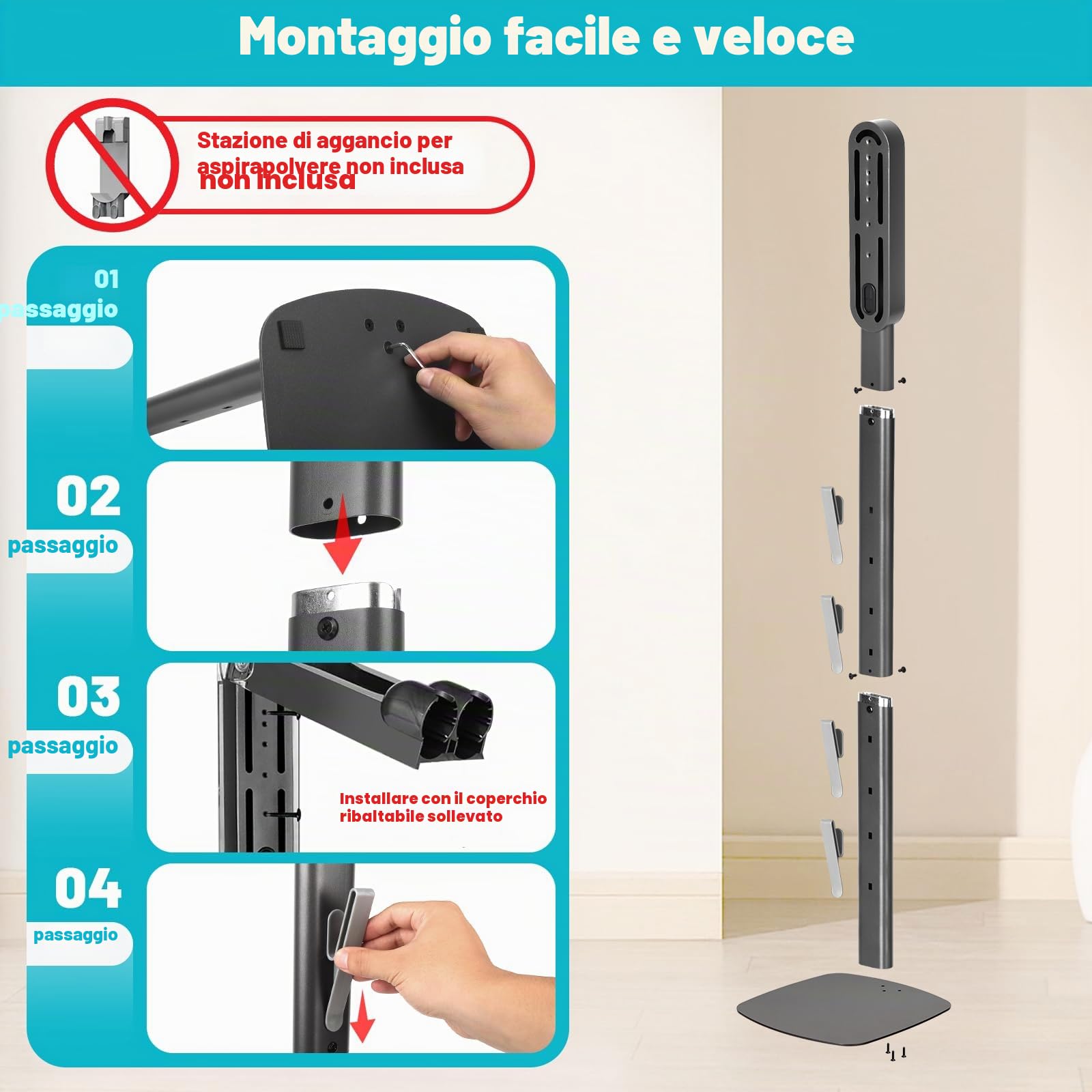 FrontLine - Supporto per aspirapolvere per Dyson Gen5, V8, V15, V12, V11, V10, V7, V6, in metallo, stabile, senza fori, da pavimento, organizer salvaspazio con 4 ganci per aspirapolvere Dyson cordless