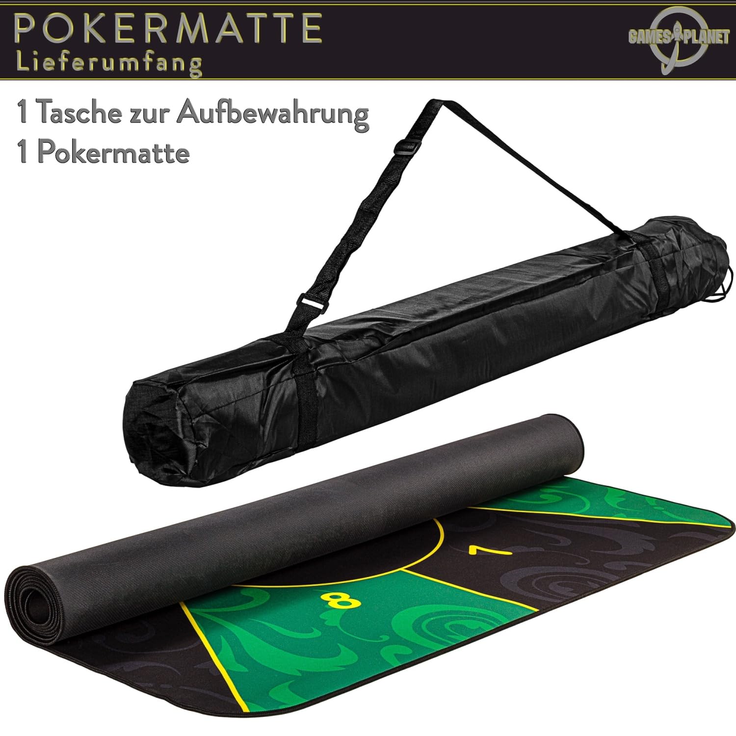 GAMES PLANET XXL Pokermatte, bis zu 10 Spieler, Maße 160x80 oder 200x90 cm, 3 Farben, inkl. Tragetasche, Unterseite Naturkautschuk, wasserabweisend