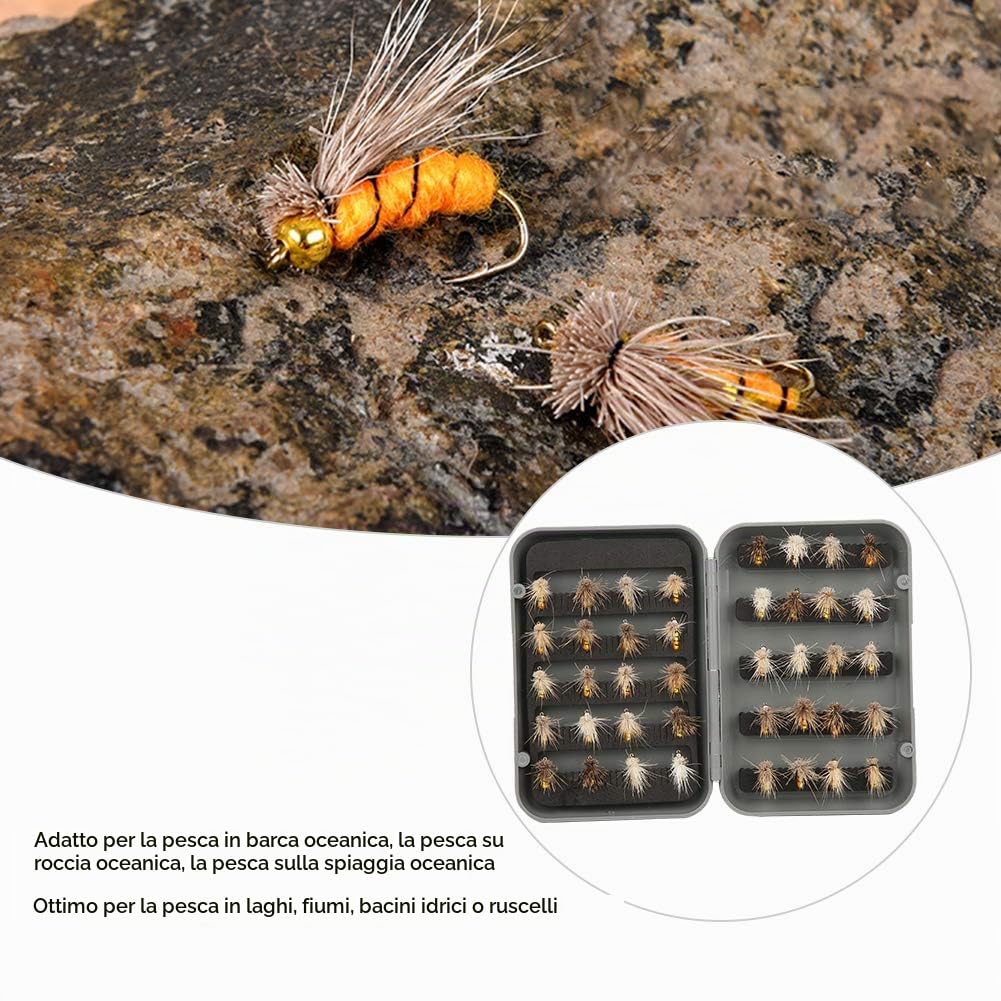 Kit da Pesca a Mosca 40pcs - Mosche Secche, Esche Artificiali con Gancio per Amatori, Pesca in Laghi, Rivi, Acque Dolci