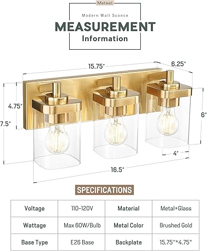 Miniatura 2 de VL194-BG-3 - Lámpara de tocador de baño sobre espejo, 3 luces de oro cepillado con pantalla cuadrada de vidrio transparente, apliques de pared