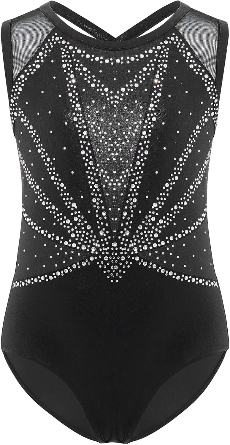 Linjinx Gymnastics Leotard for Girls Rhinestone Sleeveless Ballet Dance Biketard Unitard with Shorts Hairband Set