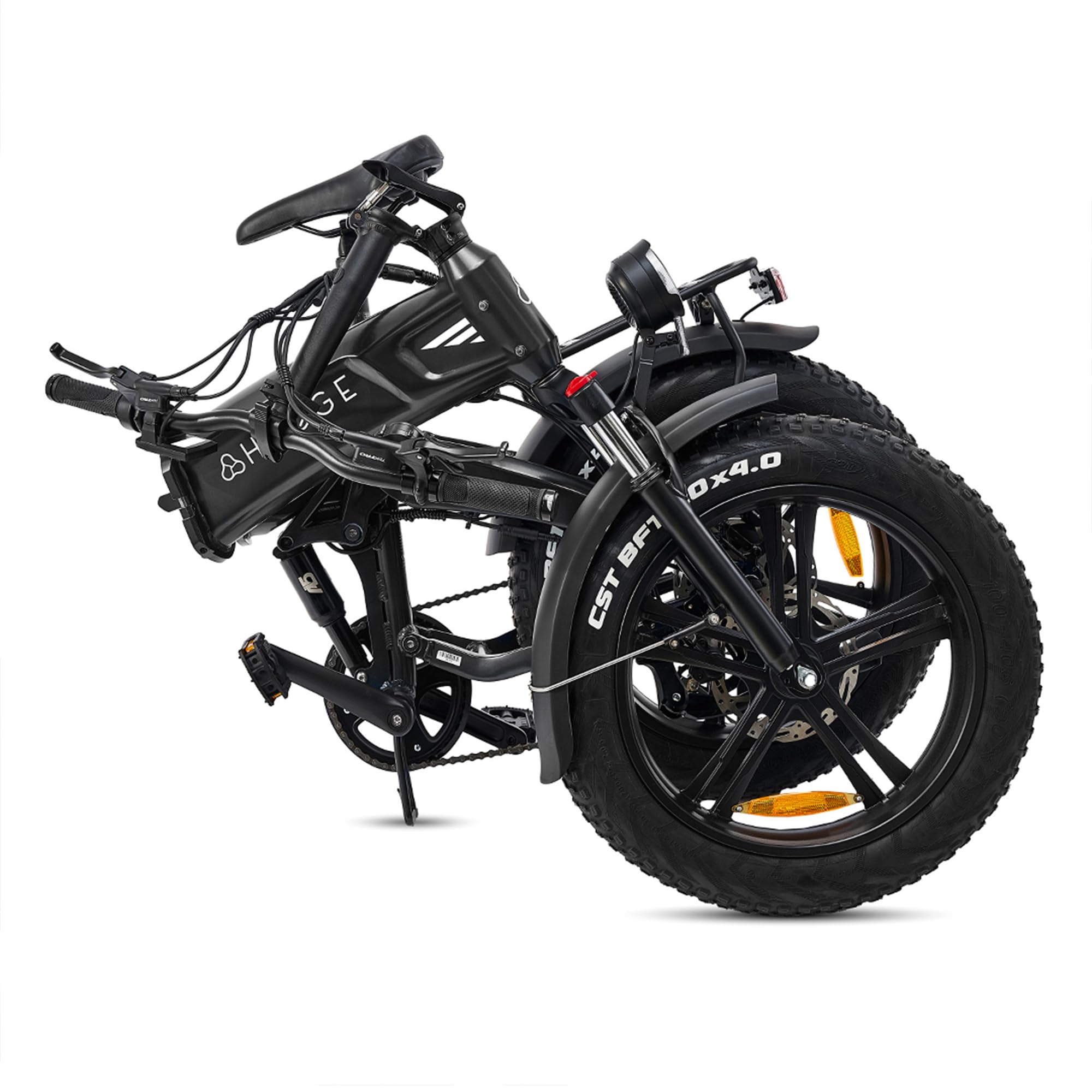 Hygge Bikes Sorø Vélo électrique pliable tout-terrain 50,8 x 10,2 cm, noir obsidienne, 7 vitesses, cadre en aluminium, double suspension, moteur 250 W avec portée de 80 km