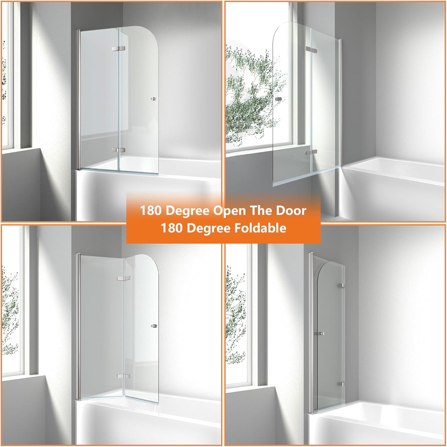 Sequence of images showing the 180-degree folding capability of the shower door.