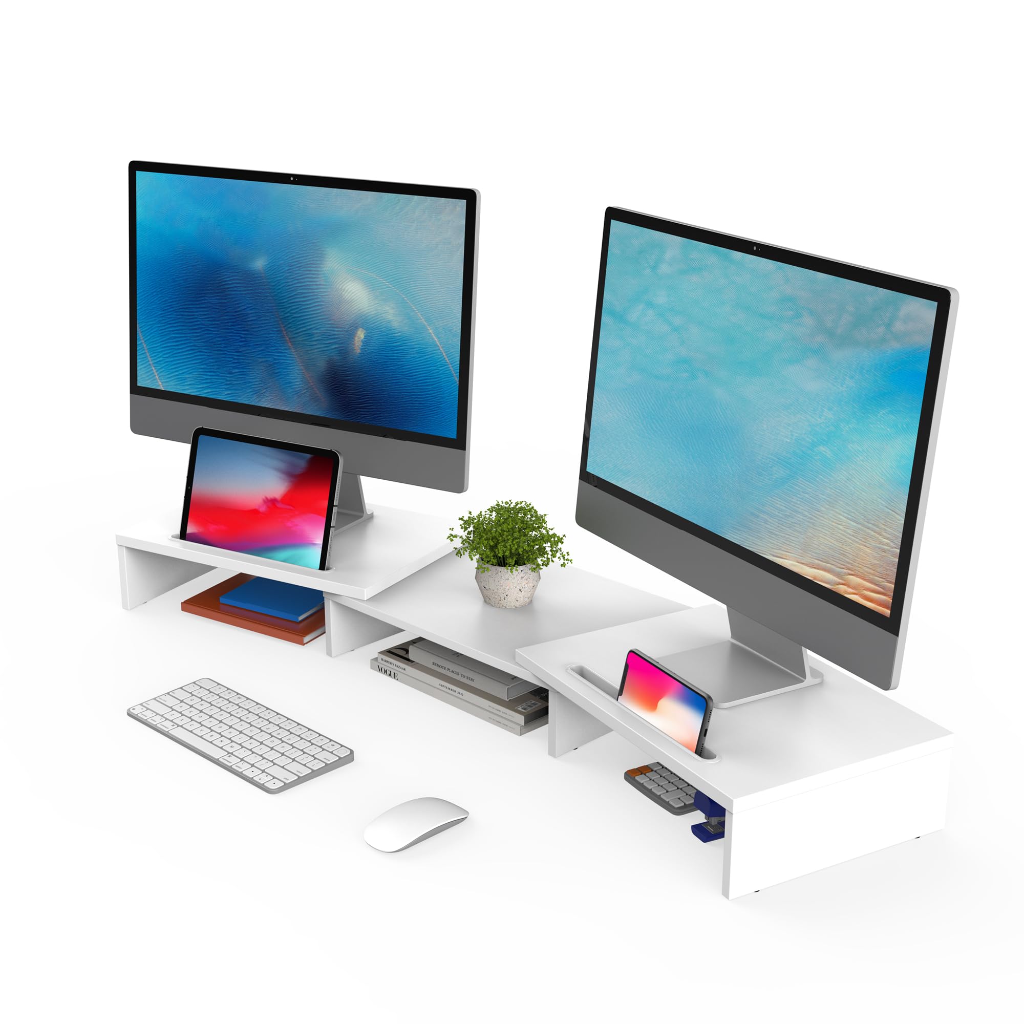 FITUEYES Podwójny stojak na monitor z 2 dodatkowymi uchwytami na telefon, drewniany stojak do ekranu laptopa, 3 półki, regulowana długość obrotowa, artykuły biurowe, organzator, maksymalne obciążenie