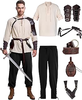 8 Pcs Men's Renaissance Costume Halloween Medieval Pirate Shirt Pant Viking Costume Accessories Set - Buy now