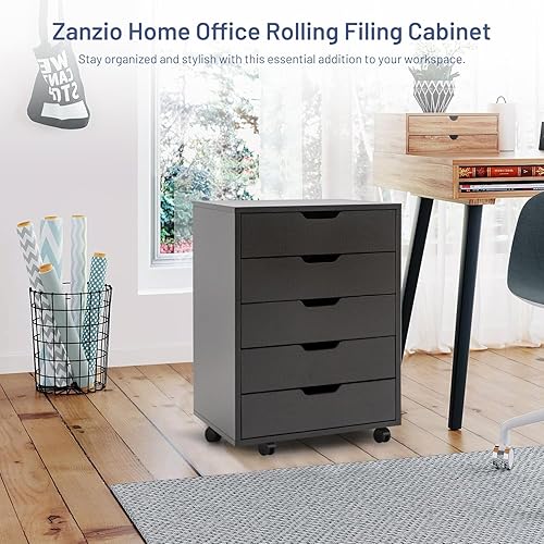 Miniatura 6 de Zanzio Archivador móvil para oficina en casa con 5 cajones delgados, pequeño gabinete vertical comercial con ruedas, archivador rodante para