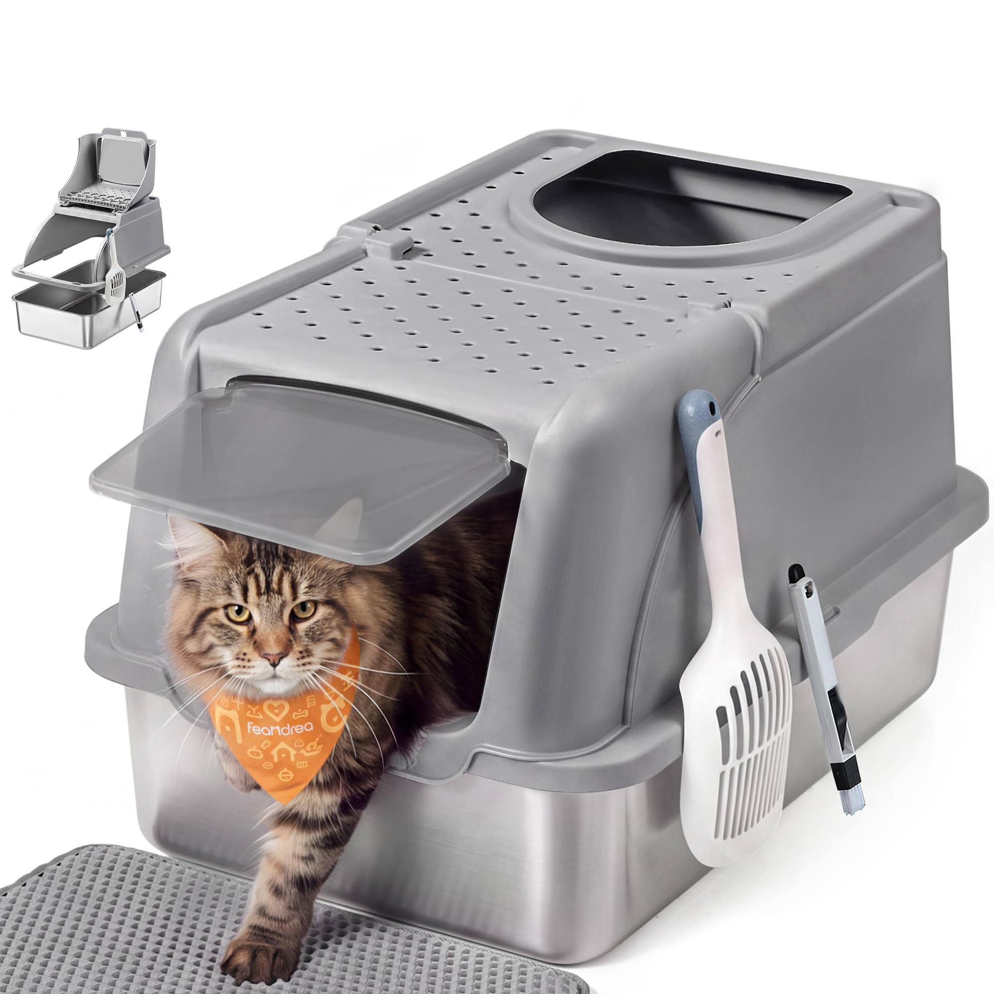 Feandrea Lettiera per Gatti Chiusa in Acciaio Inox, 61 x 40 x 36,5 cm | Anti Odore, Doppio Ingresso, con Tappetino e Paletta, Grigio Tortora, Collezione BOXAL PPT005G01