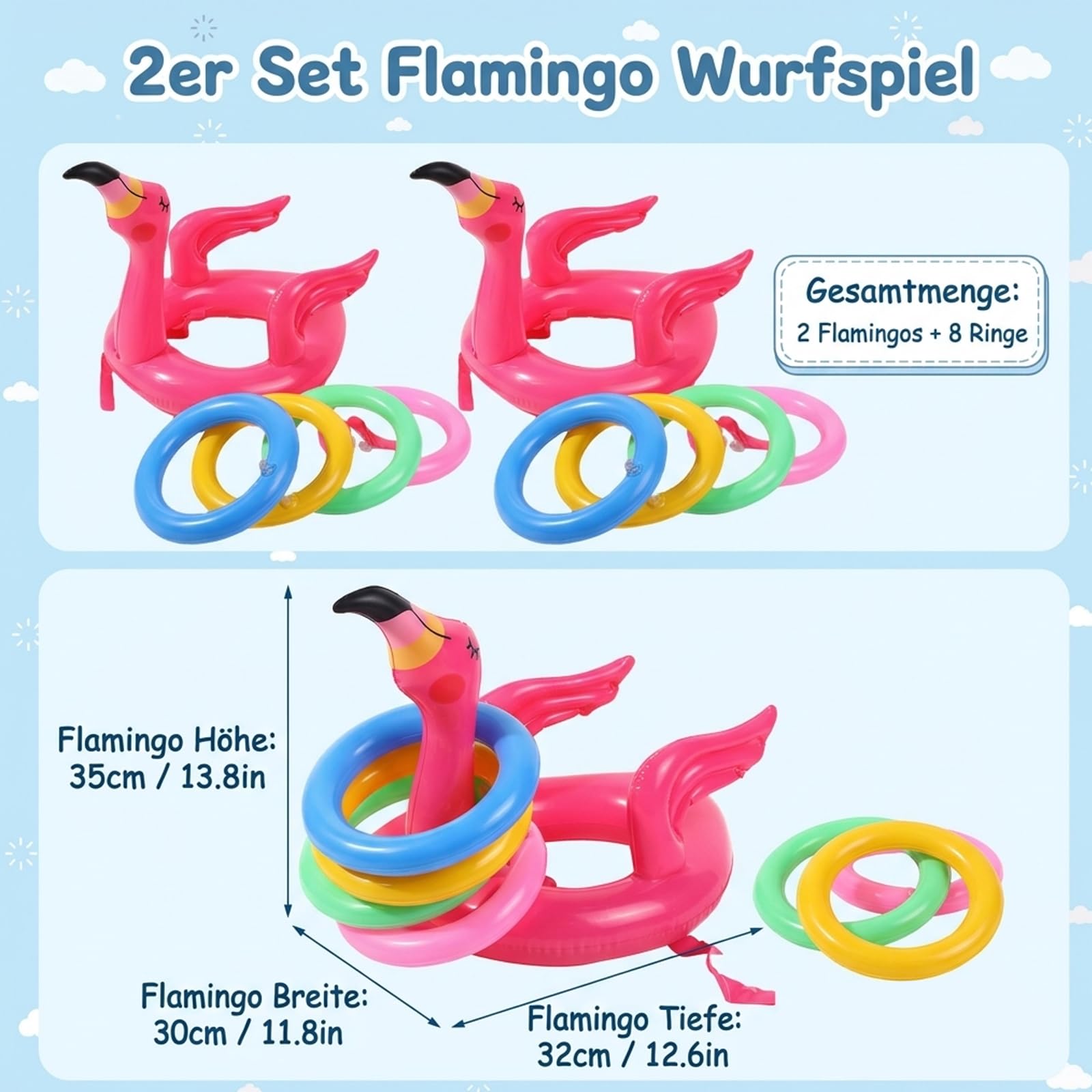 Flamingo Schwimmring Poolparty Set, Aufblasbare Ringwurfspiel für Wasseraktivitäten, 2 Sets mit 8 Ringen in Pink, 35 x 32 cm Größe