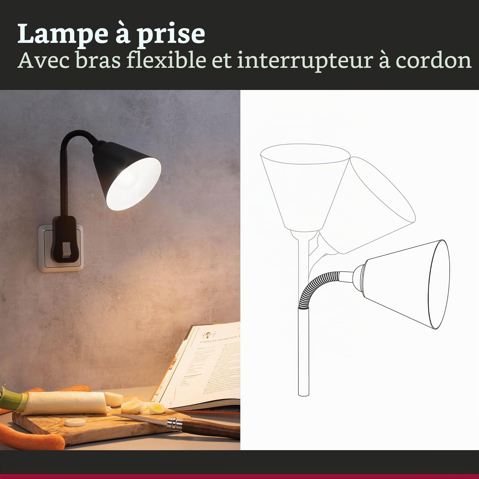 Paulmann Junus Lampe à fiche secteur Avec bras flexible Lampe enfichable Noir