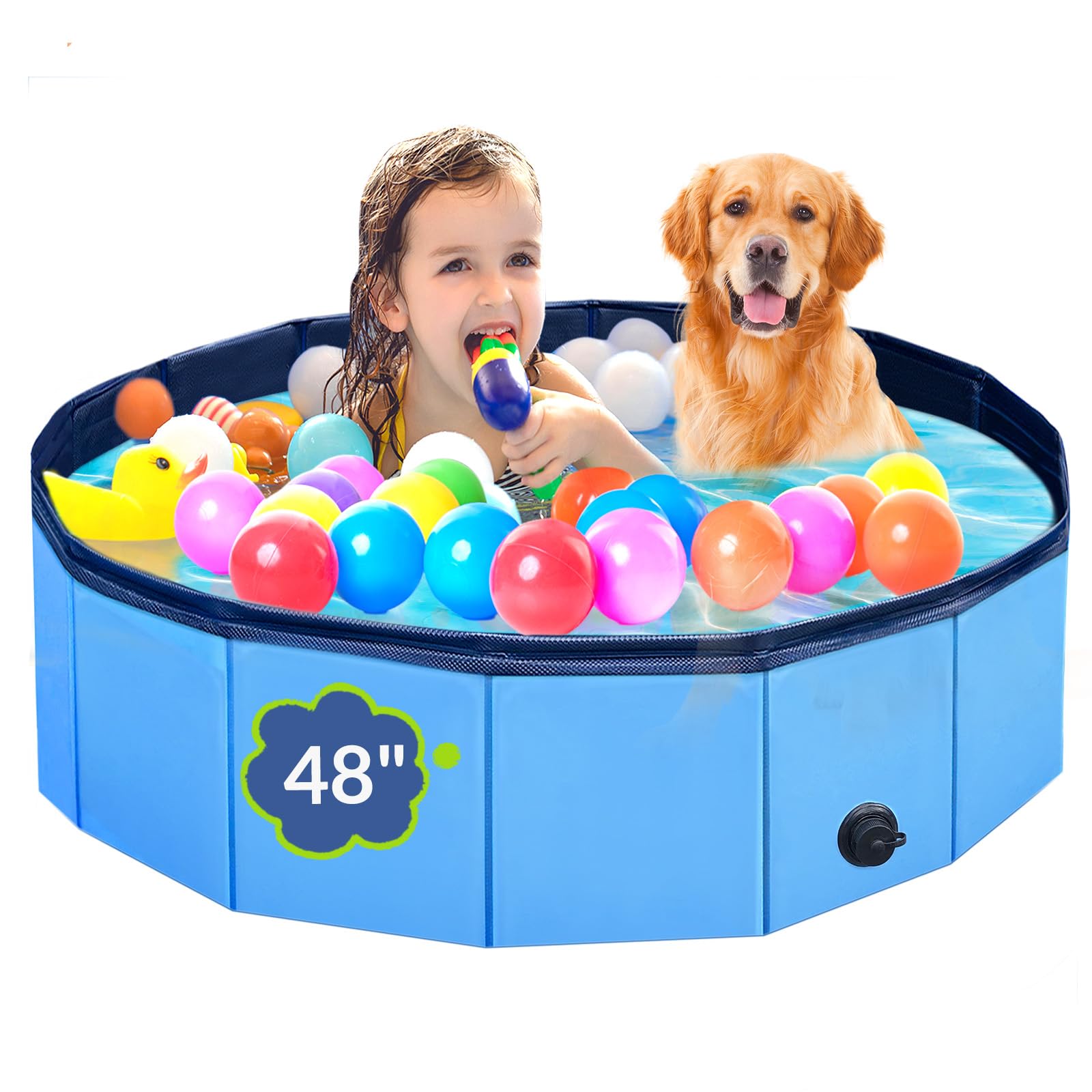 Dog Pool, Foldable Pet Swimming Pool with 6mm High-Strength PP Board, Hard Plastic Collapsible Doggy Pools for Small Dogs Kitty Duck, Non-Slip Doggie Bathtub Quick to Set Up and Drainage Hole, 48"