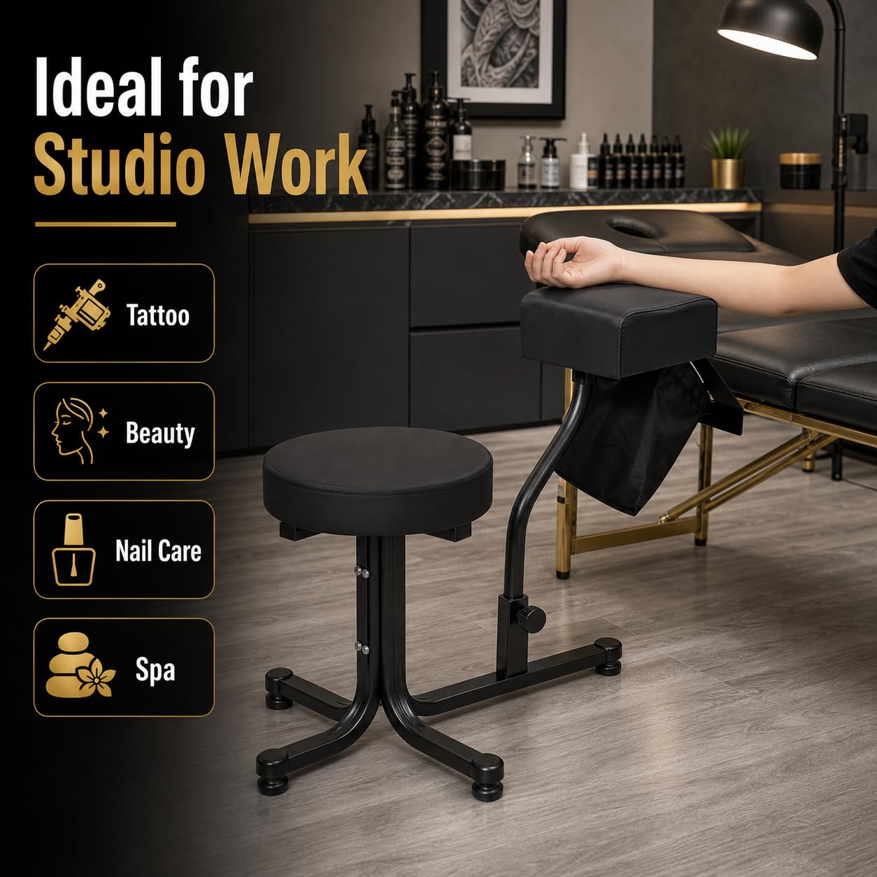 2 in 1 Sgabello per Pedicure, Sgabello per Pedicure con Poggiapiedi, Sgabello per Pedicure e Manicure, Poggiapiedi per Salone Spa per Tecnico delle Unghie, Spa, Bellezza, Forniture per Studio (Nero)