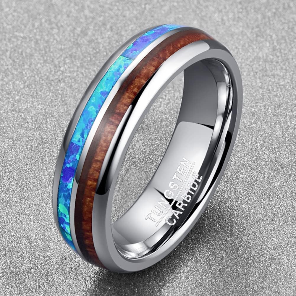 Vakki 6mm 8mm Hawaiian Koa Wood Tungsten Rings for Men Blue Created Opal Wedding Band Dome Style Comfort Fit Size 6-14