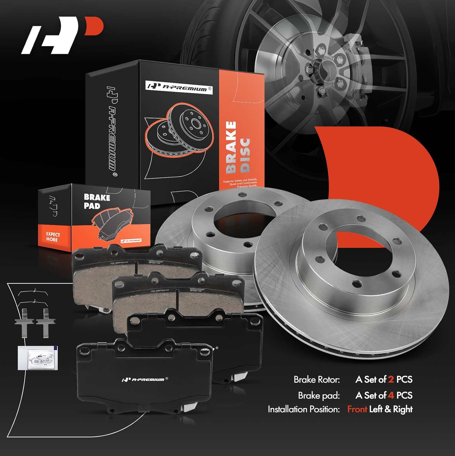 A-Premium 12.55 inch (318.7mm) Front Vented Disc Brake Rotors + Ceramic Pads Kit Compatible with Select Toyota Model - Tacoma 2004-2004, 4Runner 1996-2002, 6-PC Set