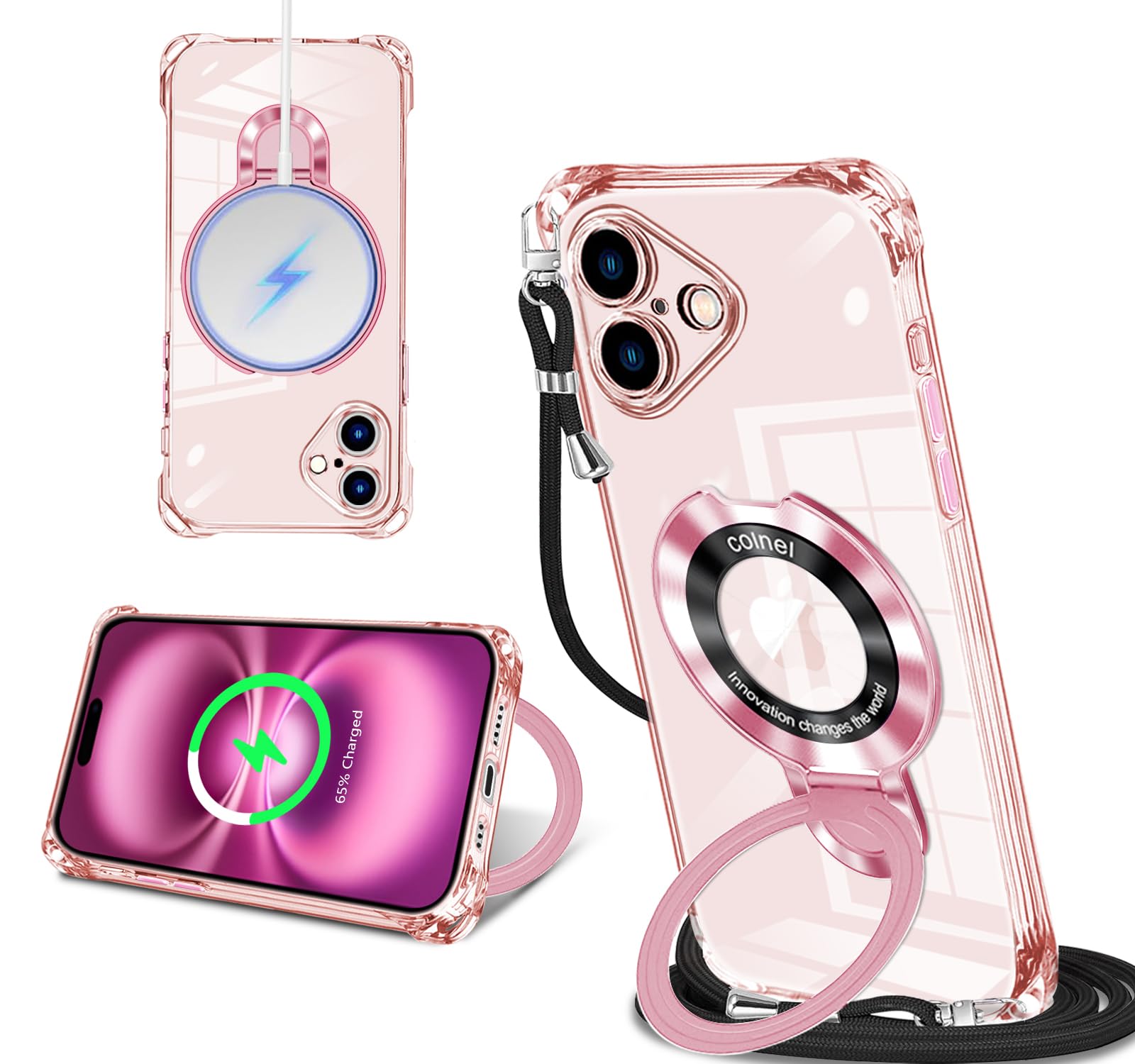 iPhone 16 Plus 用 ケース クリア MagSafe対応 リング付き ネック ショルダー アイフォン16 plus 縄掛けケース 透明 肩掛け 斜めかけ 韓国 可愛い 縄掛け カバー 丸型スタンド付き マグネット搭載 縦横両対応 耐衝撃 ワイヤレス充電 ストラップホール付き あいほん 16 plus スマホケース