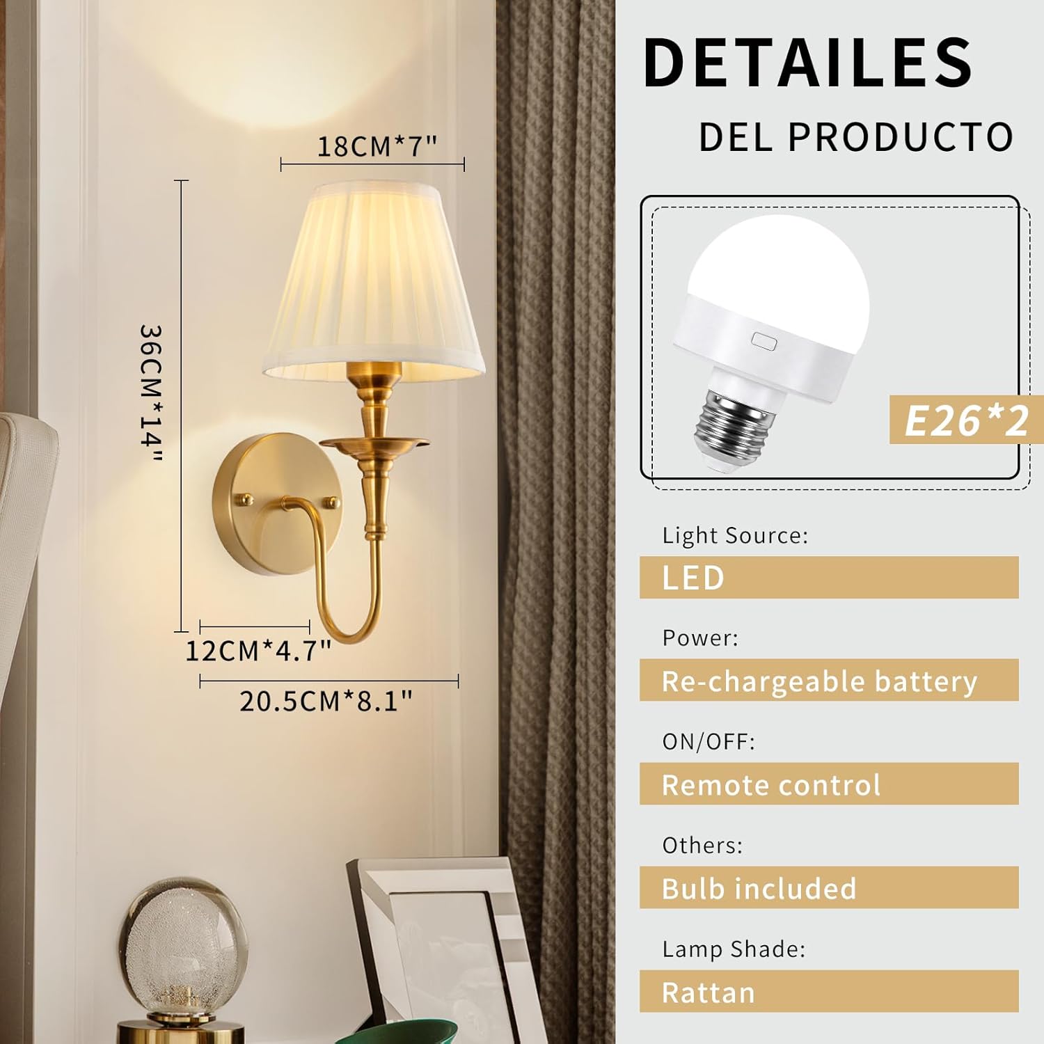 EIDISUNY Vintage Wall Sconces, Wireless Wall Sconce Set of 2 with RGB Rechargeable Dimmable Bulbs, Brass-Color Battery Operated Wall Sconce with Remote for Bedroom, Living Room, Hallway