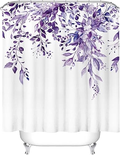 Vista 148 de Tititex - Juego de cortinas de ducha de eucalipto verde oliva, hojas de acuarela en la parte superior con decoración floral de baño, 60 x 72 Hojas