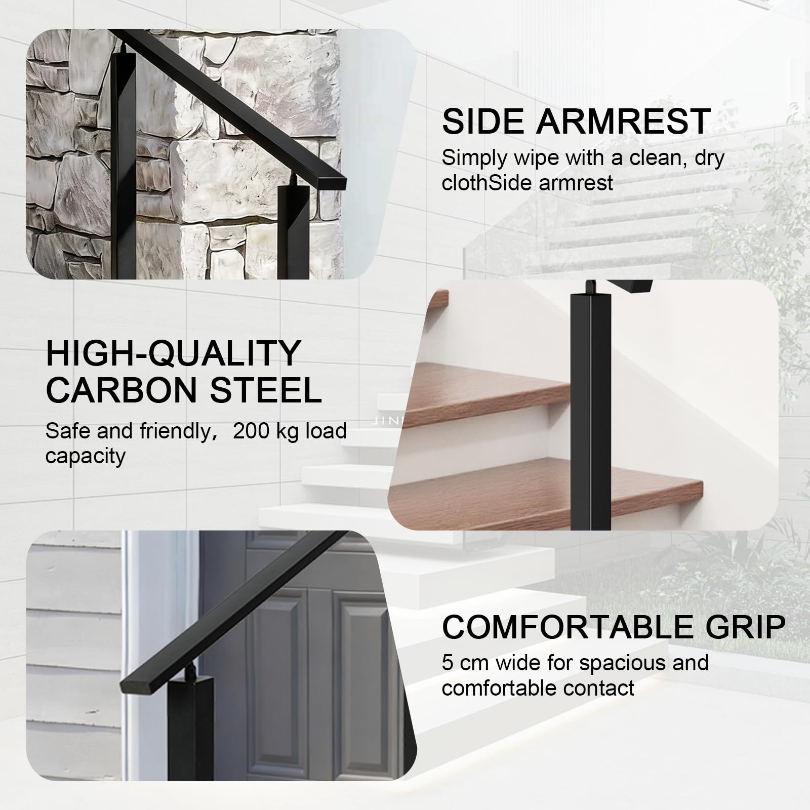 Pasamanos Escalera, Tubo Cuadrado Negro, Barandilla Escalera Exteriores con Ajuste De áNgulo Flexible, Pasamanos De Hierro Forjado para 2-3 Escalones, Interior Exterior (Negro)