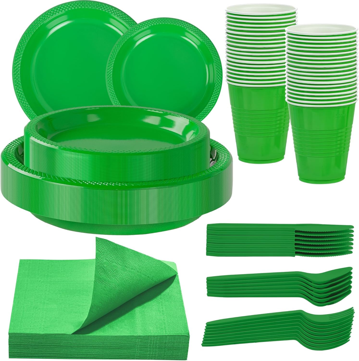 MirthMood 350pcs Green Plastic Plates, green Plates Set, Including Green Disposable Plates and Napkins, Plastic Cutlery and 12OZ Cups, Serve 50 Guests