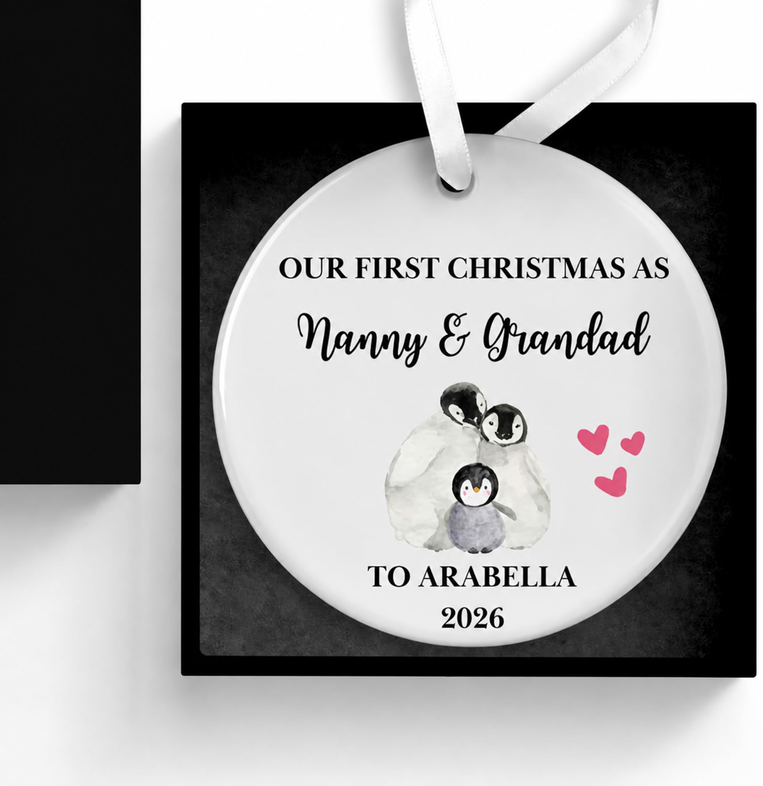 Personalised First Christmas as Nanny and Grandad Bauble, 1st Xmas Ornament, New Nan and Granddad Gift, Tree Ceramic Decoration with Box and Ribbon