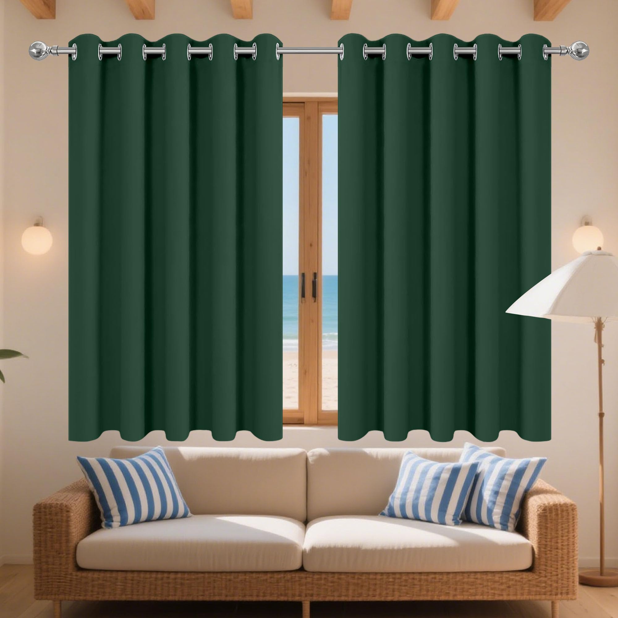 Rideau occultant salon 238x110 cm vert foncé à oeillets pour fenêtre
