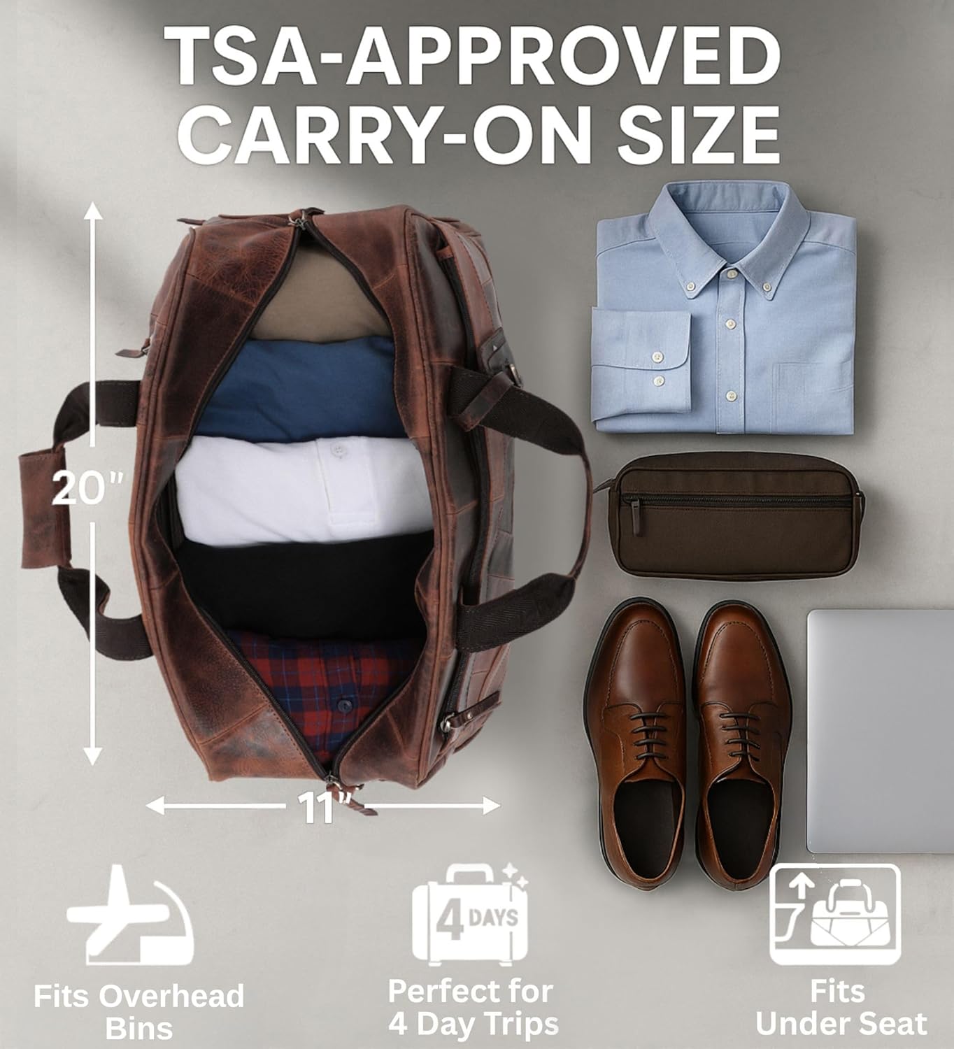 Leather Duffle Bag for Men - Travel Overnight Weekender Bag with 2 Shoe Compartment - Airplane Underseat Carry On Duffel Bag - Image 3