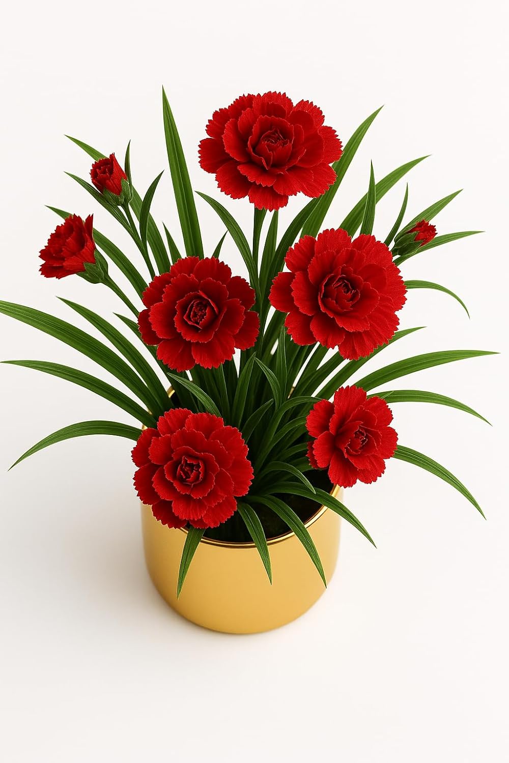 “Artificial Red Carnation Plant in Gold Pot – Elegant Home or Office Decor, Realistic and Maintenance-Free”