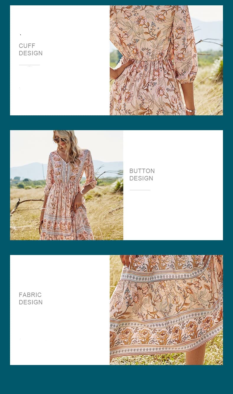 Abito Donne Floreale delle Donne Manica A Mezza Lunghezza con Scollo A V A Vita Alta A Vita Alta Bohemian A-Skirt