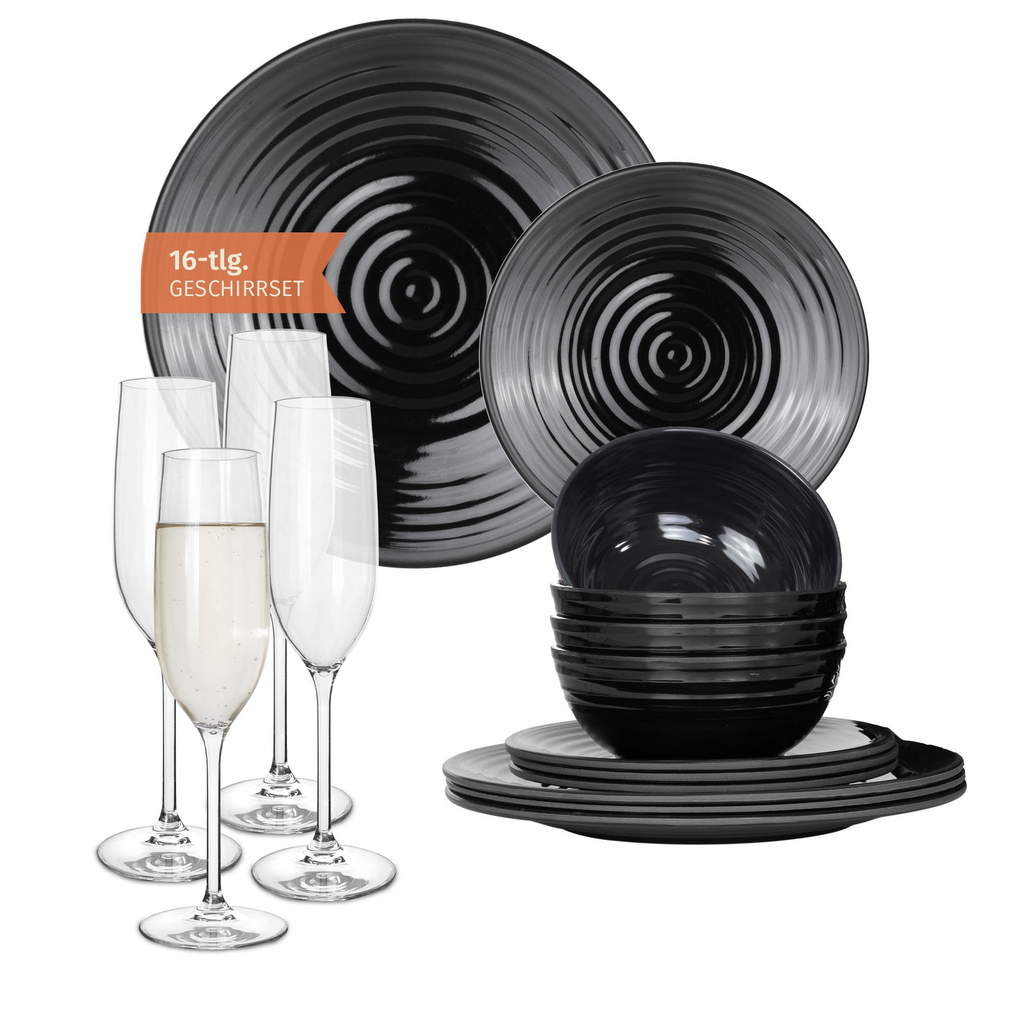 Vajilla de melamina para camping, 4 personas, color negro oscuro + 4 vasos de champán Timo Flûtes Vajilla Picnic BBQ Utensilios de cocina