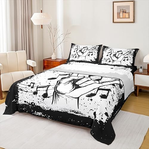 Erosebridal Juego de sábanas con temática musical de música rock, tamaño Queen, juego de sábanas con estampado de notas musicales, juego de sábanas