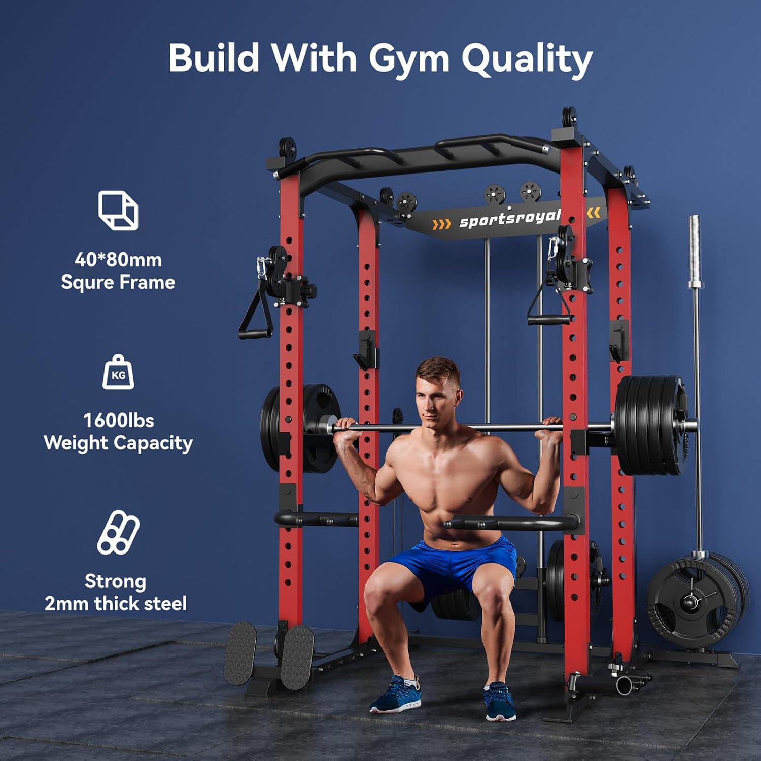 Sportsroyals Power Cage 1600lbs Power Rack with Adjustable Cable Crossover, Multi-Function Squat Rack with Pulley System and Training Attachments for Home Gym