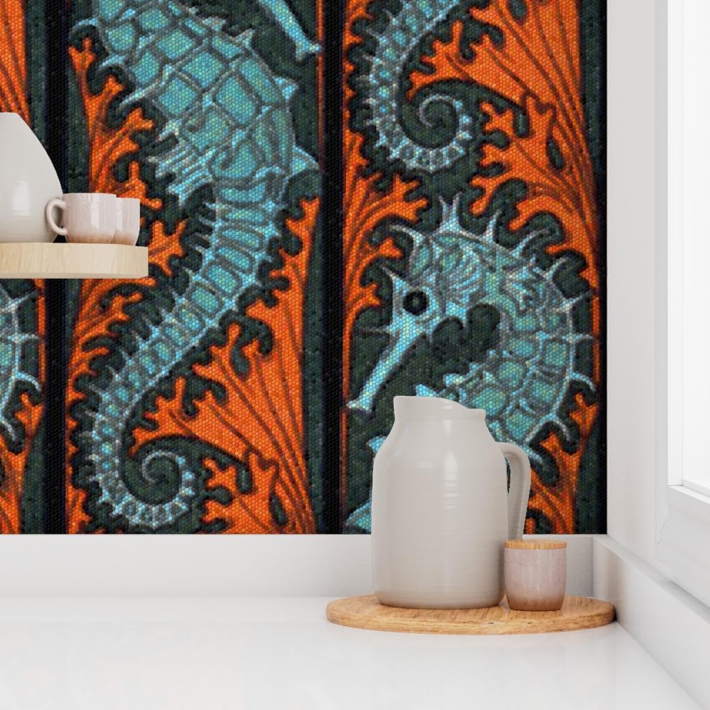 Removable Wallpaper 3ft x 2ft - Seahorse Stripe Mosaic Coral Aqua Ocean Arts Custom Pre-Pasted Wallpaper by Spoonflower