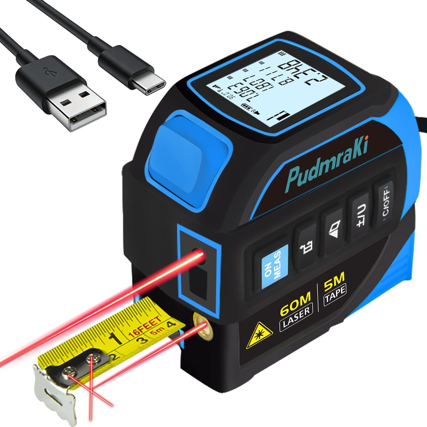 4-in-1 Laser Tape Measure 196.85Ft Laser Ranging 16.4ft Auto-Locking Tape Measure with Backlight LCD Screen, Area, Volume Measurement, Pythagorean Mode, Ft/in/m Unit Switching