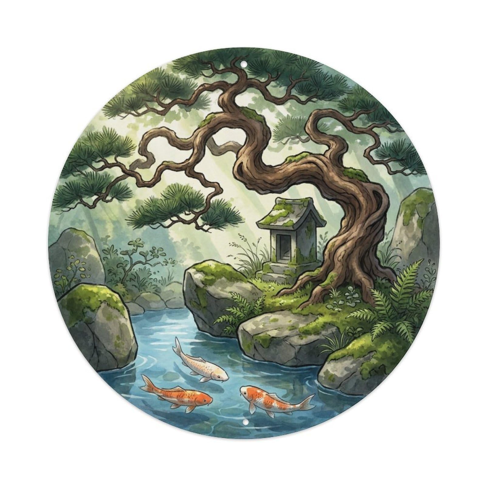 Galvaxio Style Japanese Koi Fish Ancient Pine Twisted Trunk Metal Tin Sign