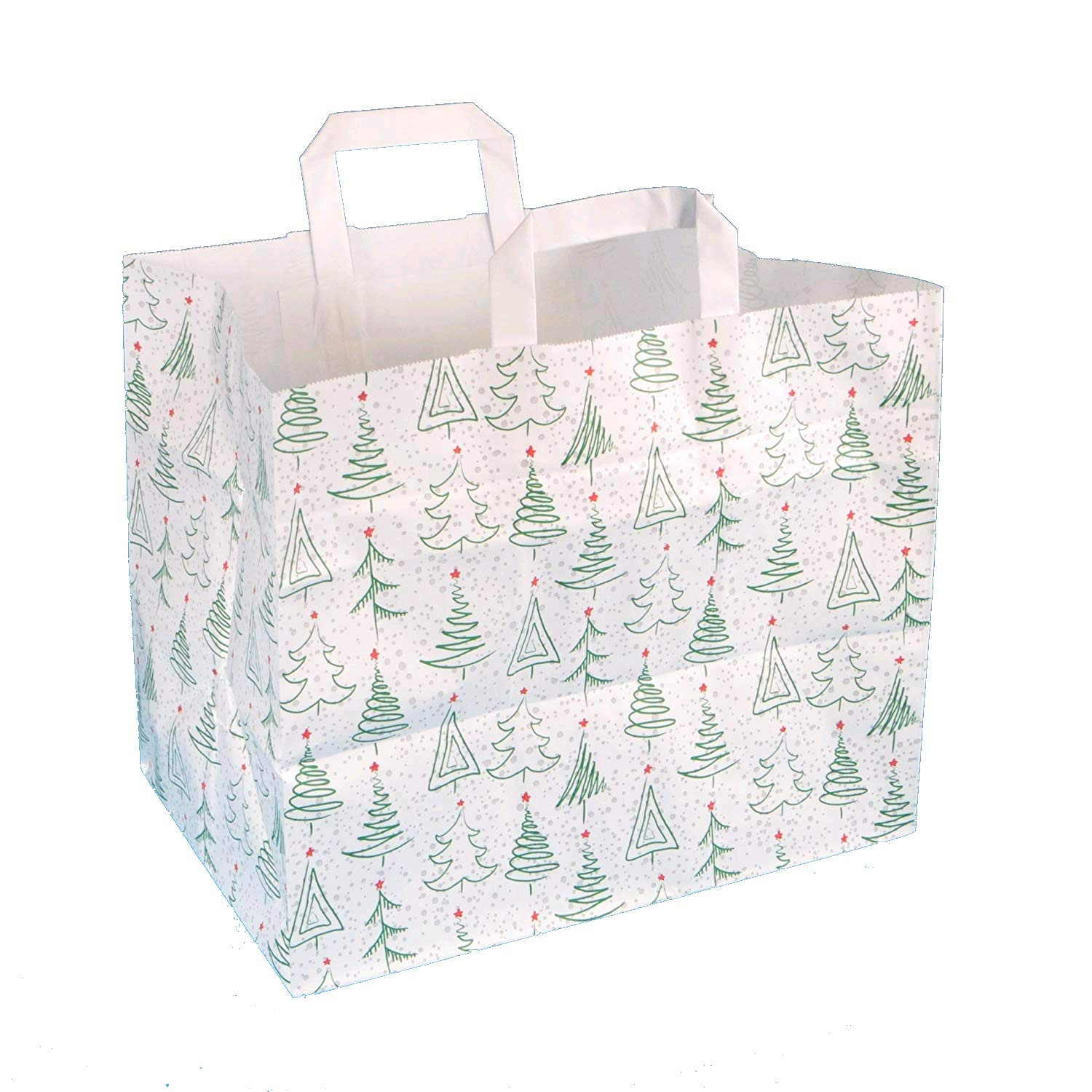 Papiertragetaschen Weihnachtstragetaschen Papiertüten Weihnachten Weihnachtsmotiv Weihnachtsbäumchen grün rot mit Flachhenkel weiß 110 g/qm (32 +21,5 x 27 cm, 250 Stück)