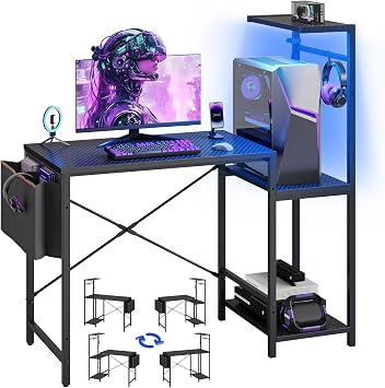 Bestier 113CM Reversible Corner Gaming Desk with LED Lights, Black