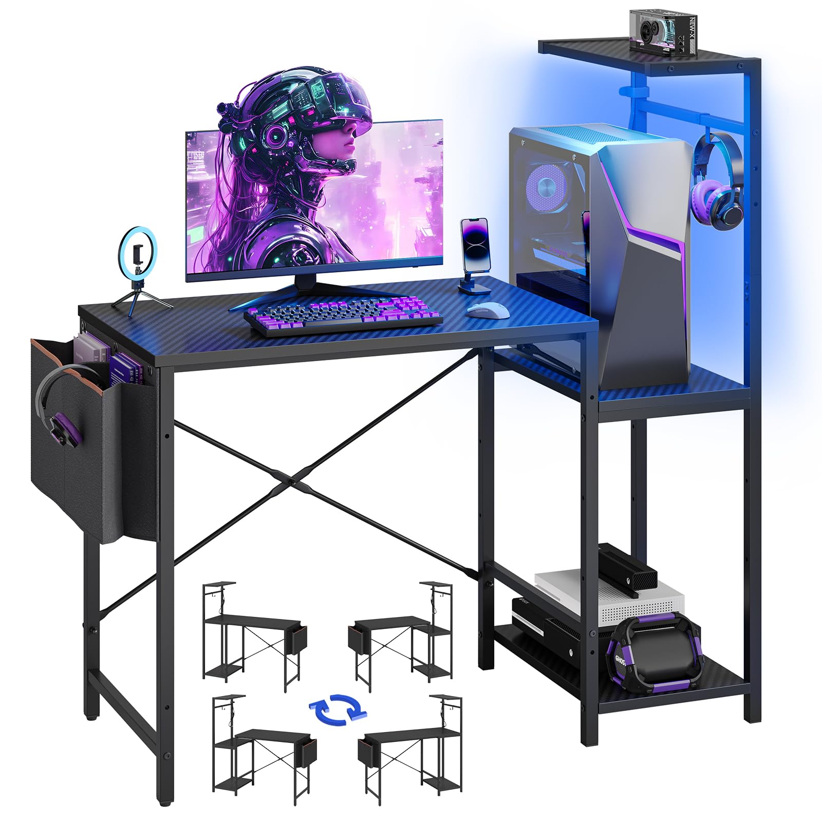 Bestier Gaming Desk with LED Light, Reversible Computer Desk with Adjustable Storage Shelves