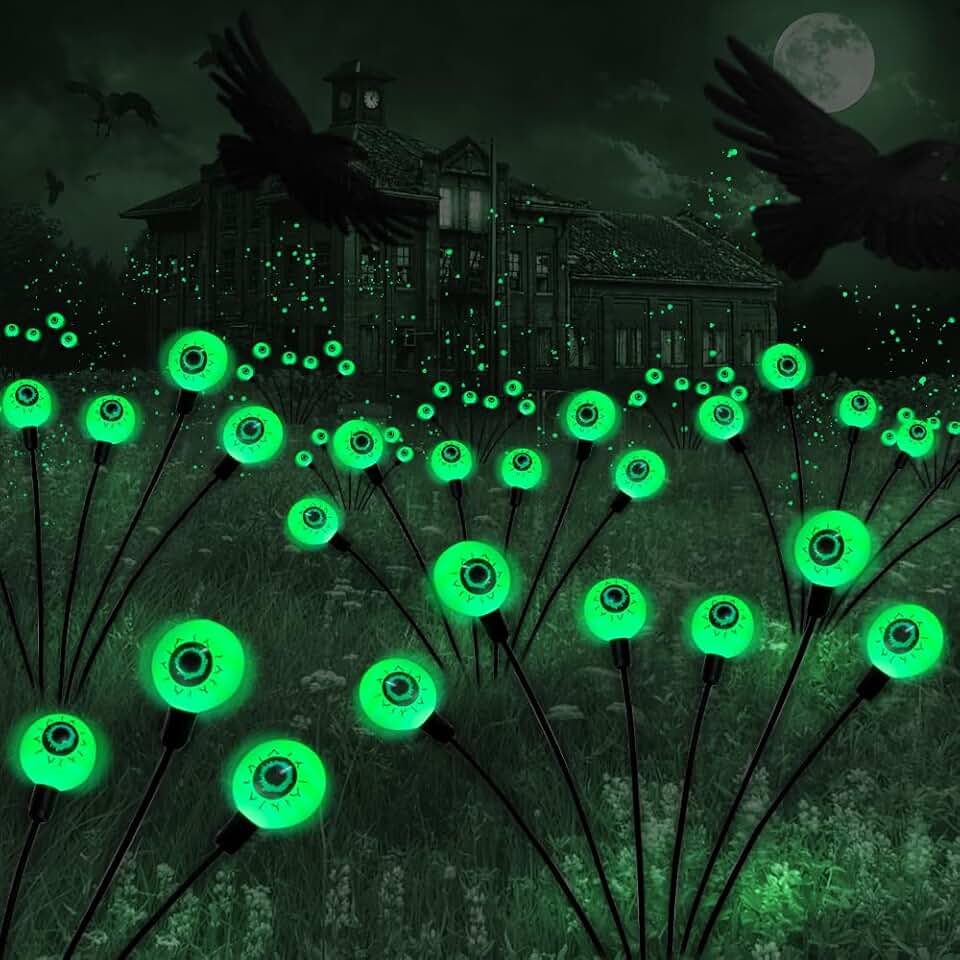 BeHiller Halloween Decorations Outdoor Solar Scary Eyeball Lights,2PACKS 12LED Green Eyeball Swaying Firefly Lights,Waterproof Solar Halloween Path Lights for Yard/Garden/Lawn/Party Decor